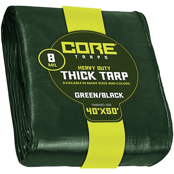 A green and black Core poly tarp wrapped in a yellow band.