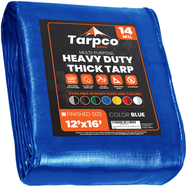 A blue Tarpco heavy-duty poly tarp with black text.
