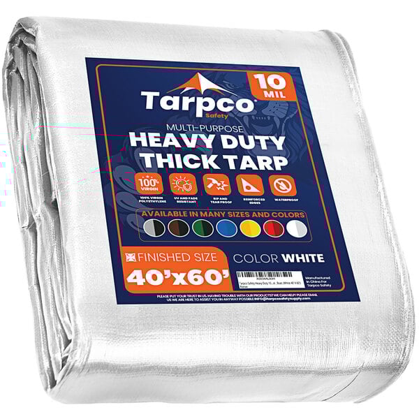 A white Tarpco tarp with blue and orange labels.