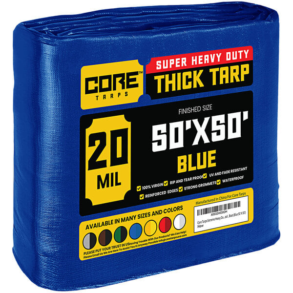 A blue tarp with the words "Core 20x30" wrapped in plastic.