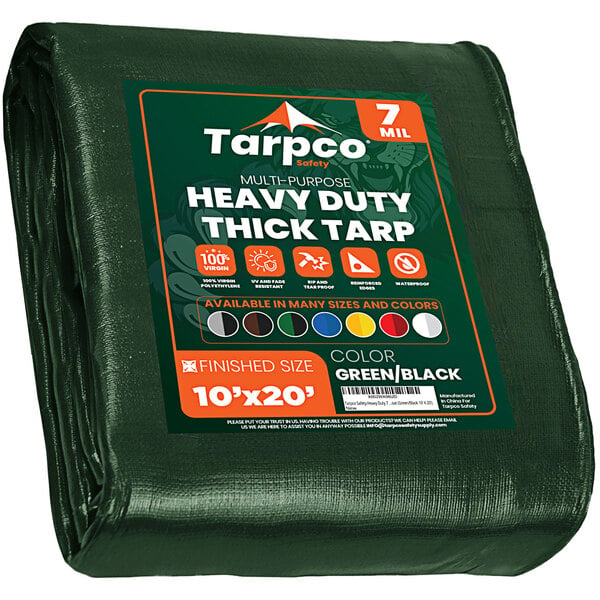 A green Tarpco heavy-duty weatherproof tarp with reinforced edges.