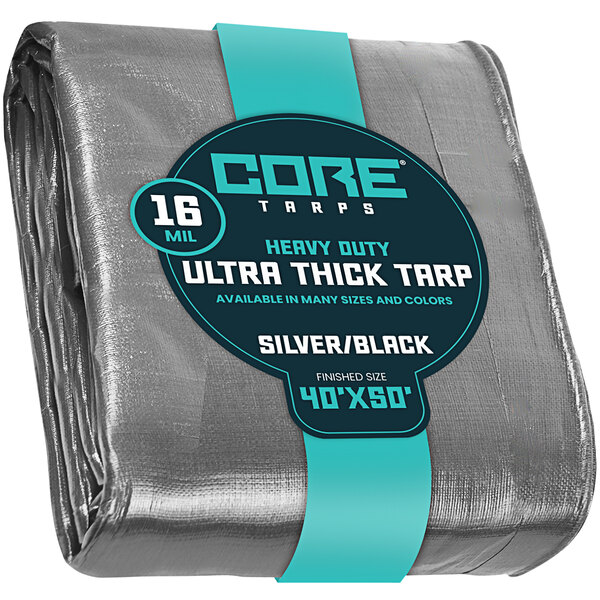 A close up of a Core silver and black extra heavy-duty poly tarp with reinforced edges.