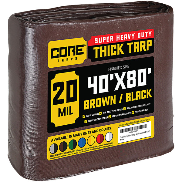 A brown and black Core Extreme Heavy-Duty Weatherproof Poly Tarp in plastic packaging.