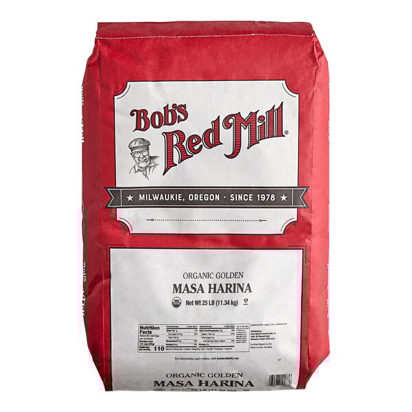 A 25-pound bag of Bob's Red Mill Organic Golden Masa Harina corn flour.