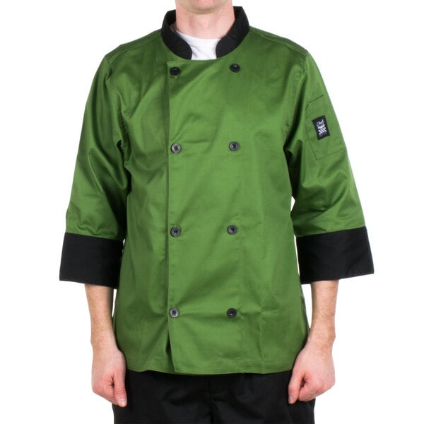 A man wearing a mint green Chef Revival chef jacket.