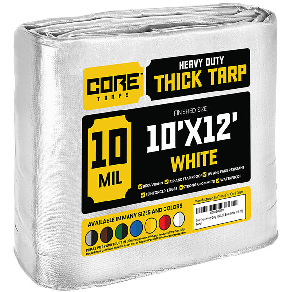A rolled up white Core Heavy-Duty Weatherproof Poly Tarp with yellow and black text.