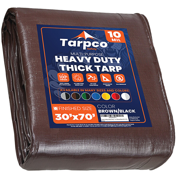 A brown heavy-duty Tarpco industrial tarp with a blue and white label.