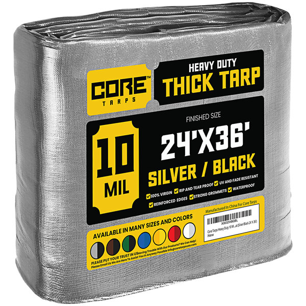 A large roll of Core heavy duty silver and black tarps.