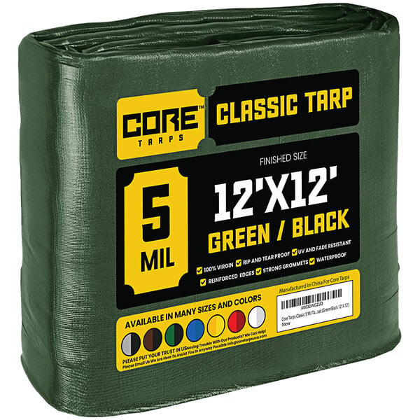 A green and black Core Classic Weatherproof Tarp with reinforced edges.