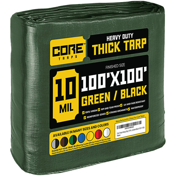 A large green Core 10 Mil tarp wrapped in plastic.