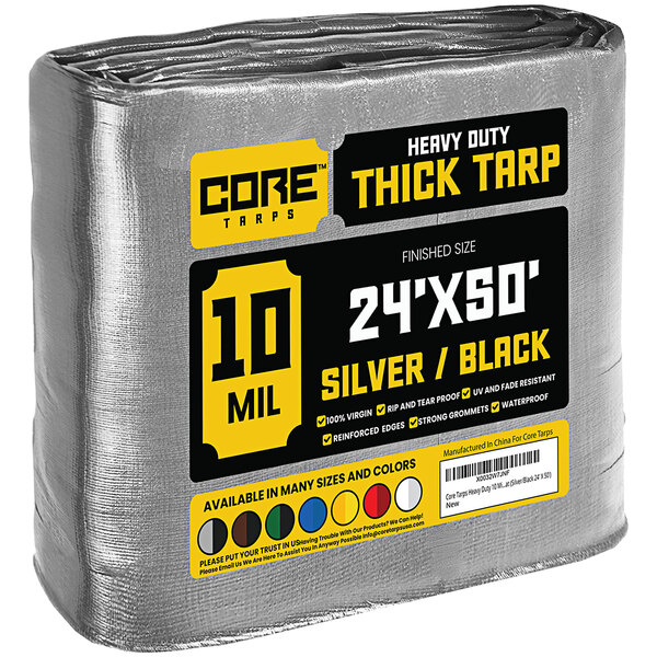 A large roll of silver and black Core Heavy-Duty Weatherproof Poly Tarp.