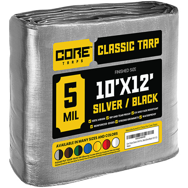 A silver and black Core Classic weatherproof tarp with reinforced edges.