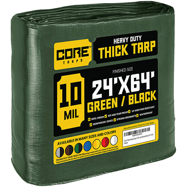 A green and black roll of Core heavy-duty weatherproof tarp.