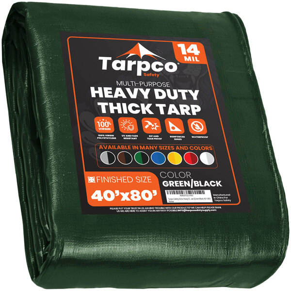 A green Tarpco poly tarp with white text on the label.