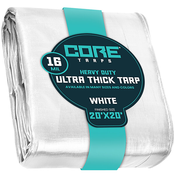 A white Core Extra Heavy-Duty Poly Tarp with reinforced edges.