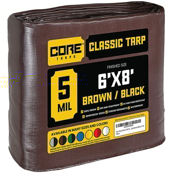 A brown Core Classic 6' x 8' tarp with reinforced edges.