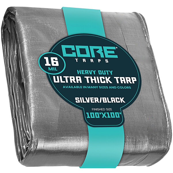 A close-up of a Core silver and black ultra-thick poly tarp with reinforced edges.