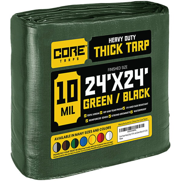 A green Core 24' x 24' heavy-duty weatherproof tarp with reinforced edges wrapped in plastic.