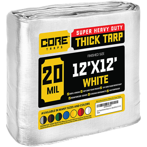 A rolled up white Core 12' x 12' tarp with reinforced edges.