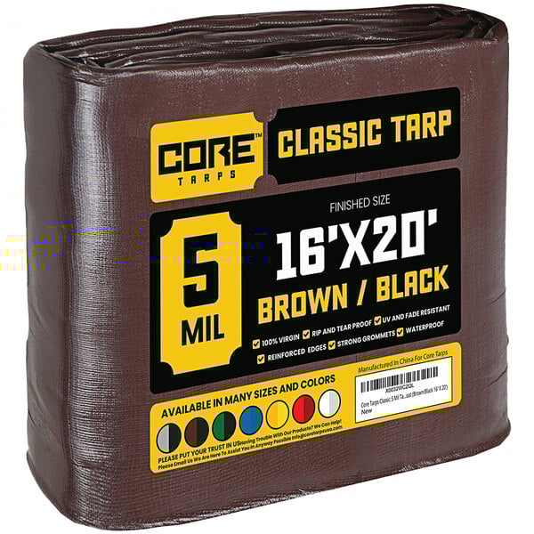 A brown tarp wrapped in plastic with the words "Core Classic Weatherproof" on it.