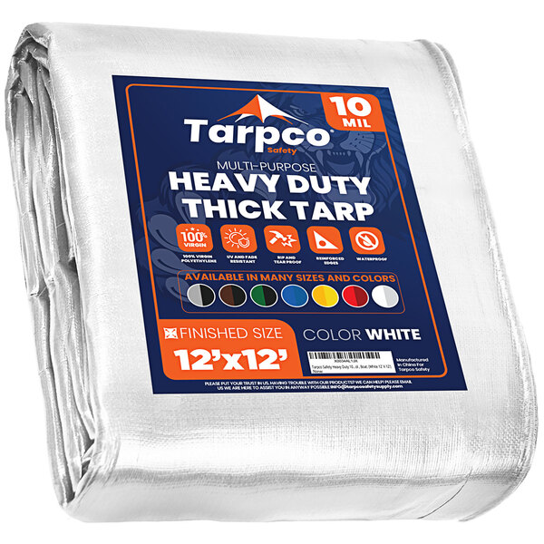 A white Tarpco Safety heavy-duty poly tarp with blue and red labels.