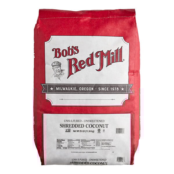 A 25-pound bag of Bob's Red Mill unsweetened shredded coconut.