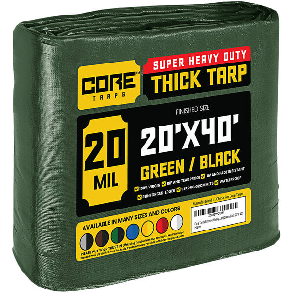 A green Core 20' x 40' heavy-duty poly tarp with reinforced edges.