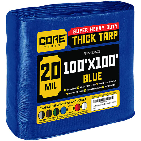 A blue Core poly tarp with reinforced edges in plastic packaging.