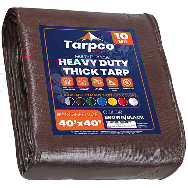 A brown heavy-duty Tarpco poly tarp with blue and white label.