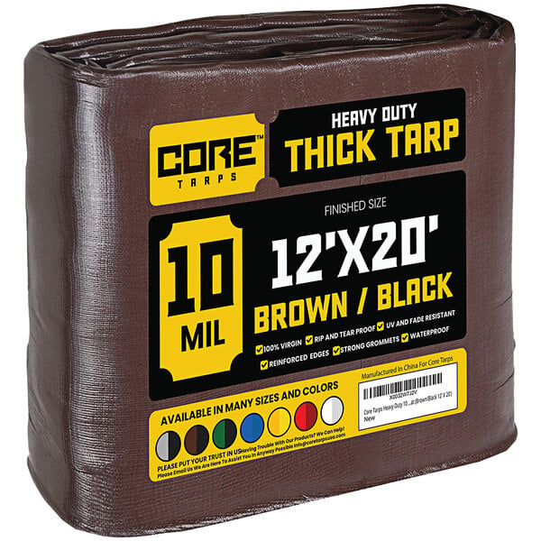 A brown plastic-wrapped roll of Core heavy-duty brown poly tarps.