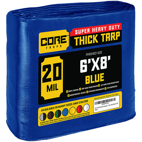 A blue Core Extreme heavy-duty weatherproof tarp with reinforced edges.