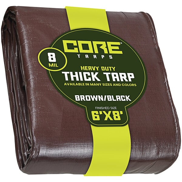 A brown and black Core Heavy-Duty Weatherproof Poly Tarp package with yellow labels.
