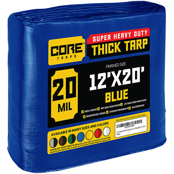 A blue Core Heavy-Duty 20' x 12' poly tarp wrapped in plastic.