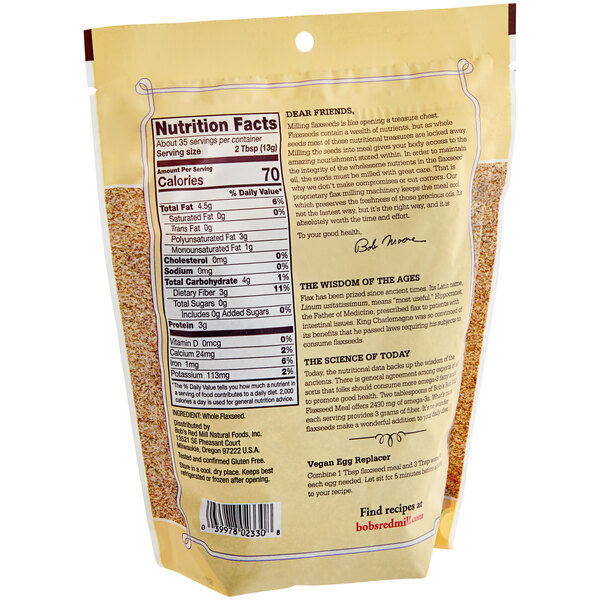 A Bob's Red Mill bag of gluten-free ground flaxseed meal with nutrition label.