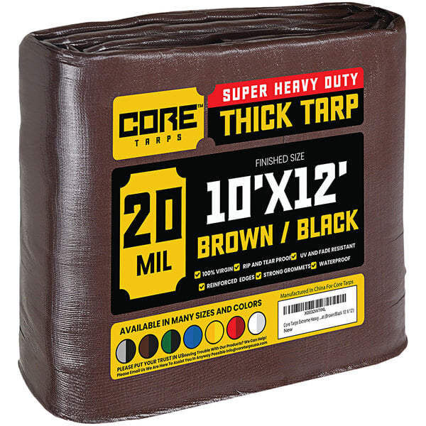 A brown Core heavy-duty weatherproof tarp with reinforced edges.