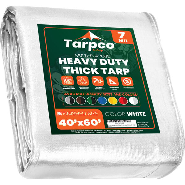 A white Tarpco heavy-duty poly tarp with green and red labels.