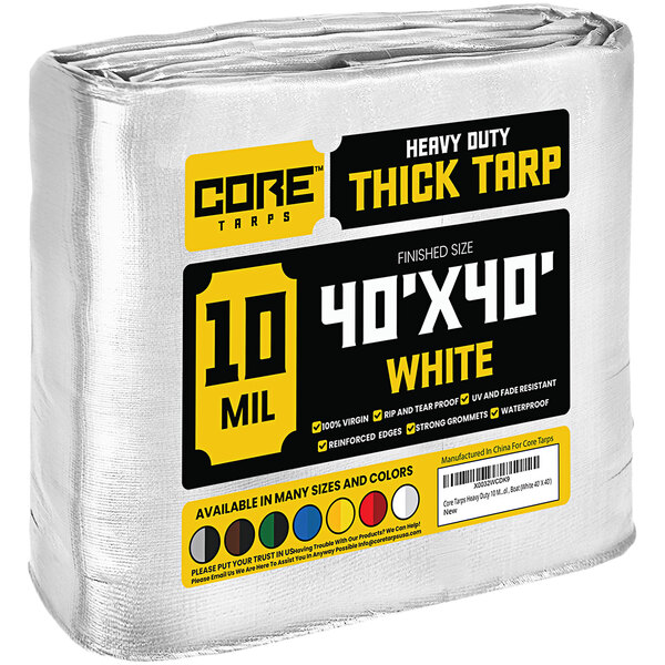 A roll of white Core Heavy-Duty Weatherproof Poly Tarp.
