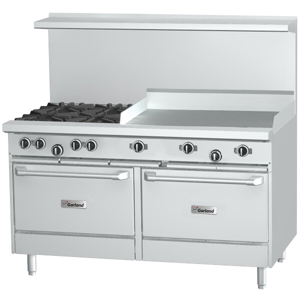 A stainless steel Garland commercial gas range with 2 burners, a griddle, and storage.