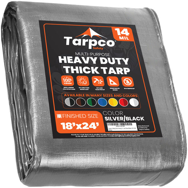 A Tarpco heavy-duty silver and black poly tarp in packaging.