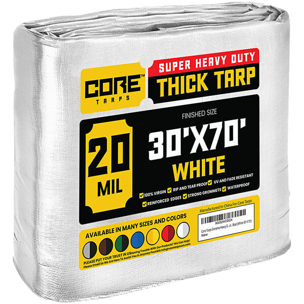A white, heavy-duty Core Poly Tarp with reinforced edges.