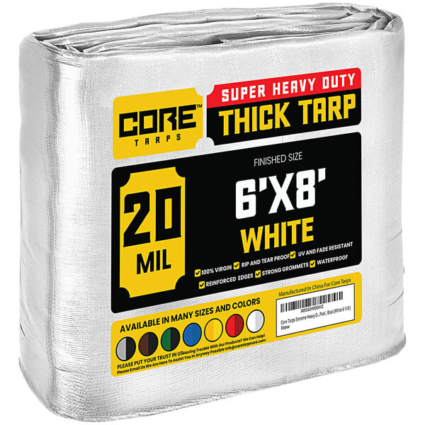A white roll of Core heavy-duty weatherproof tarp with reinforced edges.