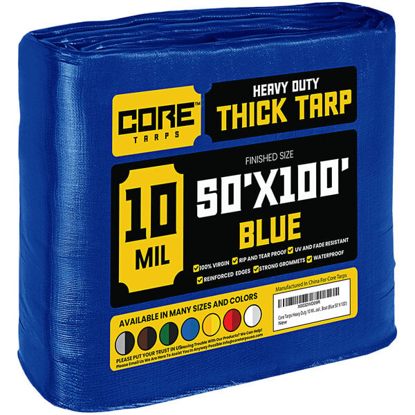 A blue heavy-duty Core Poly Tarp with reinforced edges.