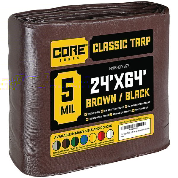 A brown Core Classic Weatherproof Poly Tarp with reinforced edges.