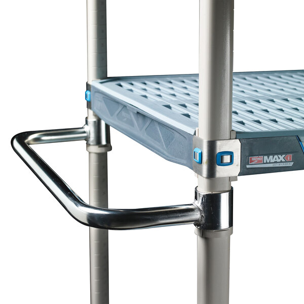 A MetroMax iQ stainless steel mobile shelving unit with an extended handle.