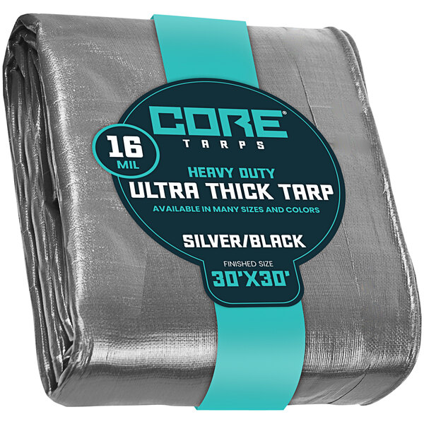 A close up of a Core silver and black extra heavy-duty poly tarp with reinforced edges.