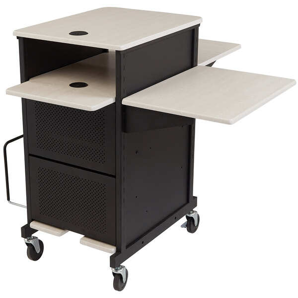 A black and white Oklahoma Sound presentation cart with two drawers.