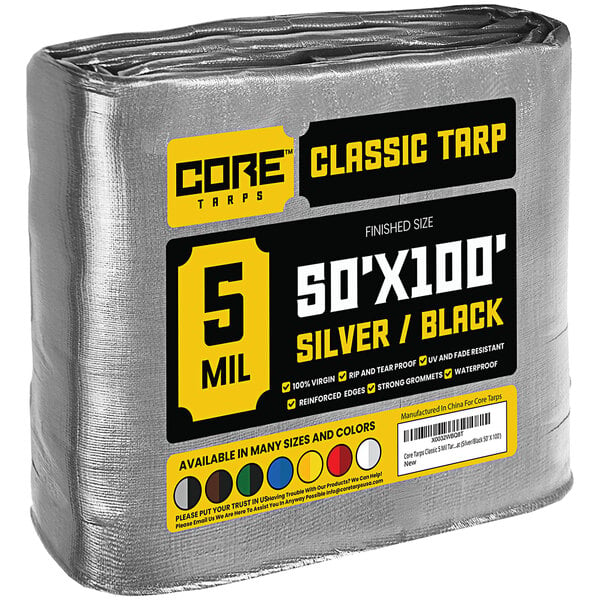 A roll of Core Classic silver and black tarps with yellow and black text on the label.