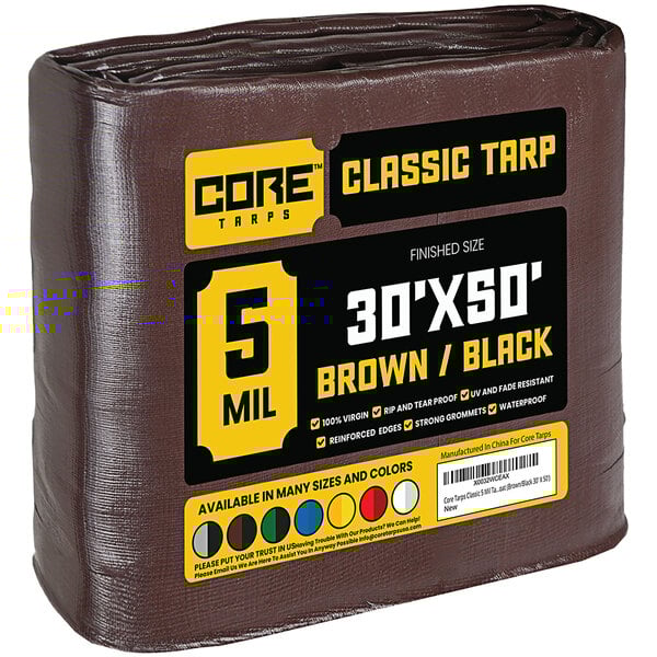 A roll of brown Core Classic Weatherproof poly tarp wrapped in plastic.
