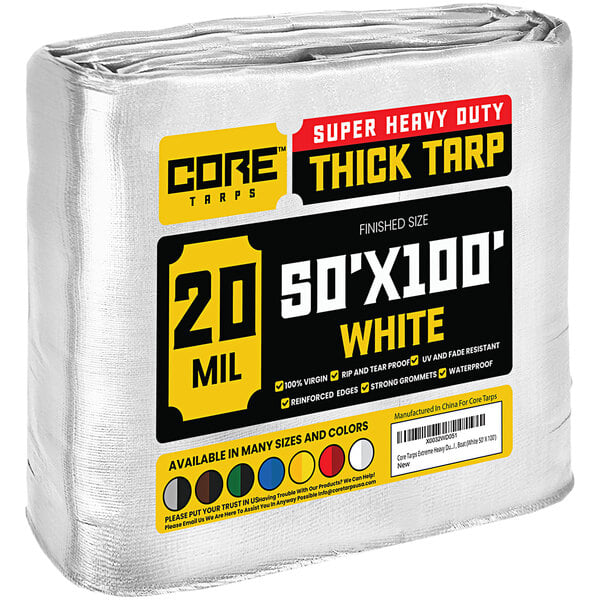 A large roll of white Core Heavy-Duty Weatherproof tarp.