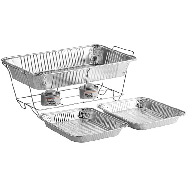 Choice 6 Piece Full Size Disposable Chafer Dish Kit with a Wire Stand, Deep  Pan, (2) 1/2 Size Shallow Pans, and (2) 4 Hour Wick Fuels